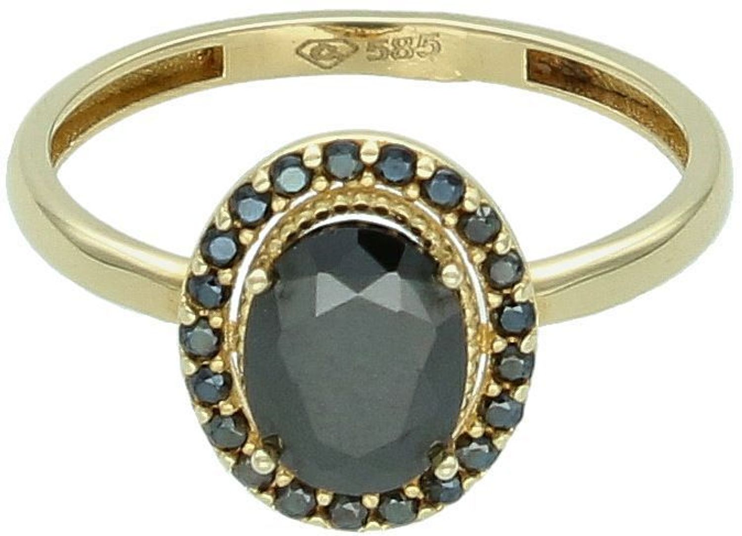 Stylowy pierścionek damski ze złota próby 585 z owalną czarną cyrkonią, otoczoną drobnymi kamieniami. Rozmiar 13, waga 1,87 g – elegancja i oryginalność w jednym.1.jpg